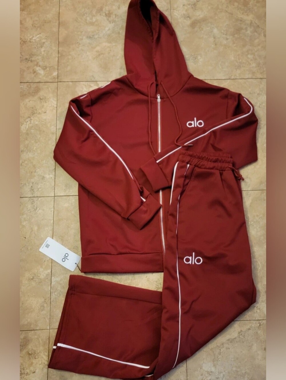 Women Sz Large Burgundy 2pc Wide Leg Hooded Jacket Track Suit Travel Athleisure